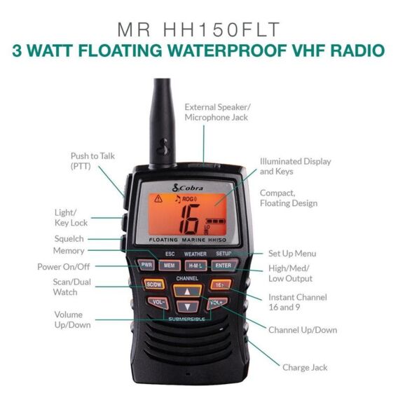 COBRA HH150 floating waterproof Handheld VHF Marine Radio.